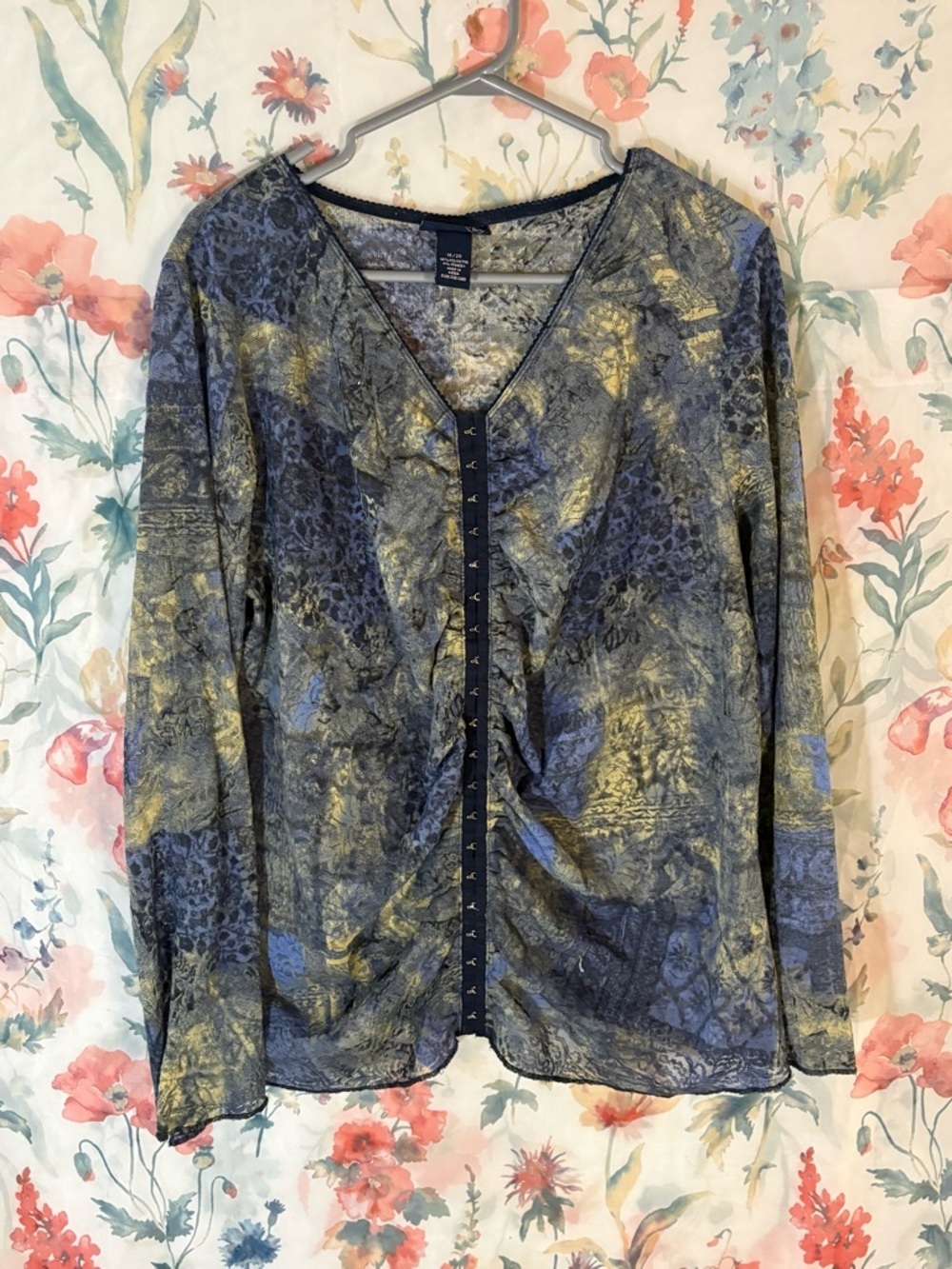 Vintage Women’s Patterned V-Neck Button Front Top - Blue & Gold